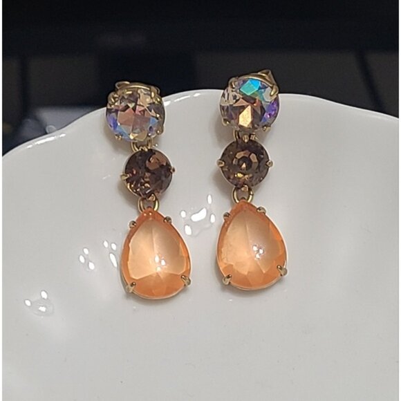 Vintage J Crew Gold Tone Iridescent Brown Orange Crystal Drop Dangle Earrings - Picture 5 of 12